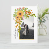 黄色のひまわり、写真付きアーチ秋の結婚式 サンキューカード (スタンド正面)