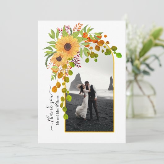 黄色のひまわり、写真付きアーチ秋の結婚式 サンキューカード (スタンド正面)