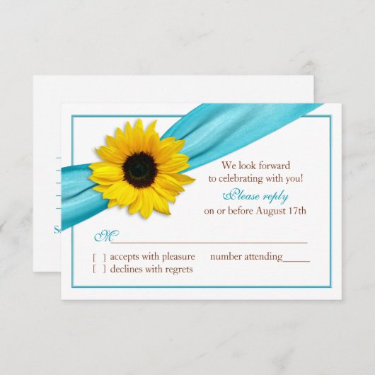 黄色のひまわり 水色のリボン 結婚式の出欠確認 出欠カード (正面/裏面)