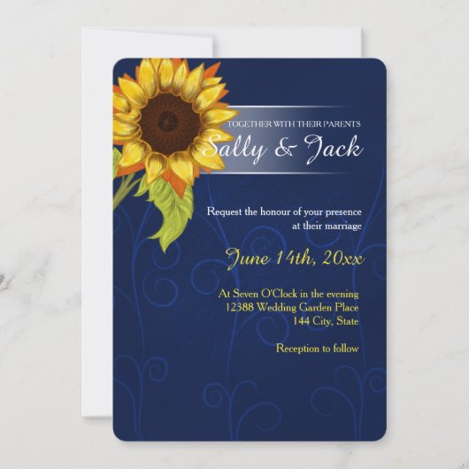 黄色のひまわり/青結婚の背景 招待状 (正面)