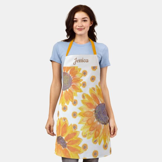 黄色のひま素朴わり名モノグラム エプロン (着用した状態)