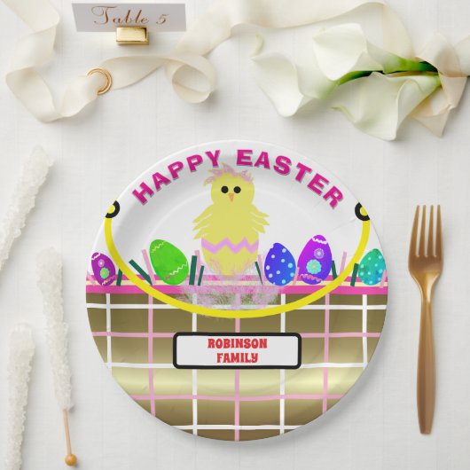 黄色のひよこ 卵 ピンク ゴールド イースターバスケット ペーパープレート (ウェディング)