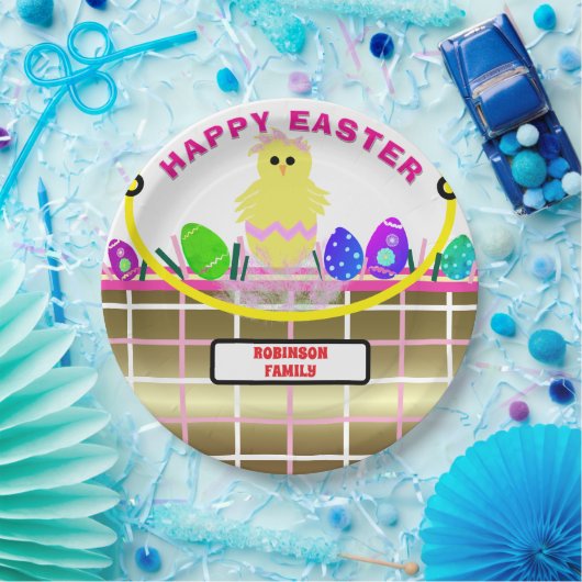 黄色のひよこ 卵 ピンク ゴールド イースターバスケット ペーパープレート (パーティー)