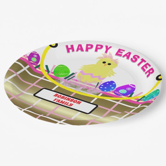 黄色のひよこ 卵 ピンク ゴールド イースターバスケット ペーパープレート (アングル)