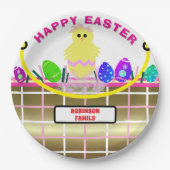 黄色のひよこ 卵 ピンク ゴールド イースターバスケット ペーパープレート (正面)