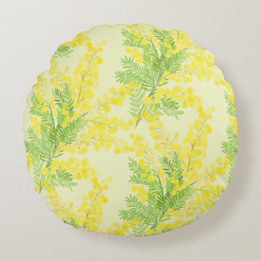 黄色のふわふわとしたアカシアの花 ラウンドクッション (正面)
