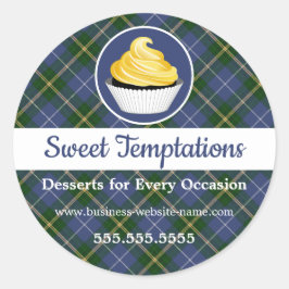黄色のアイシングのカップケーキタータンチェックパターン背景 ラウンドシール