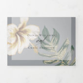 黄色のアイボリーの水色ハイビスカス結婚の葉 三つ折り招待状 (カバー)