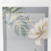 黄色のアイボリーの水色ハイビスカス結婚の葉 三つ折り招待状 (内部最初)