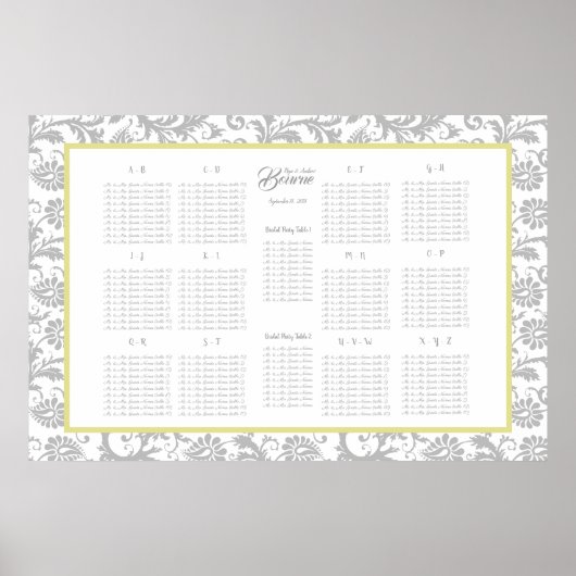 黄色のアイリスとグレーのシーティングチャートのアルファベット ポスター (正面)