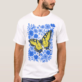 黄色のアゲハチョウと青い花のTシャツ Tシャツ