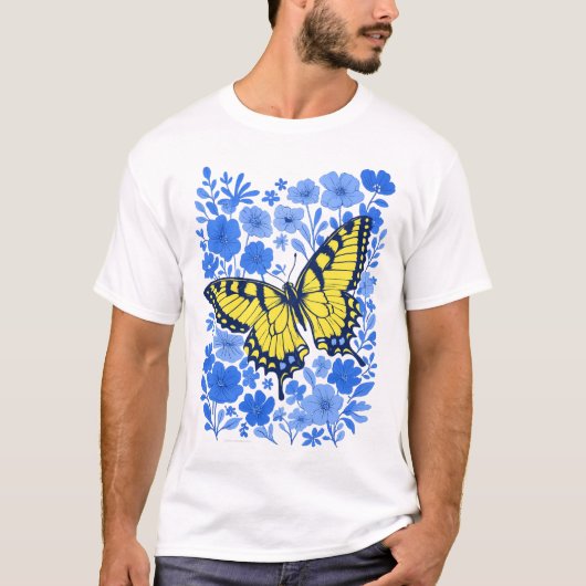 黄色のアゲハチョウと青い花のTシャツ Tシャツ (正面)