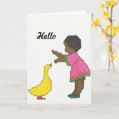 黄色のアヒルのグリーティングカードを持つ女の子 カード (黄色い花)