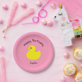 黄色のアヒルのピンクの色の誕生日おめでとう ペーパープレート