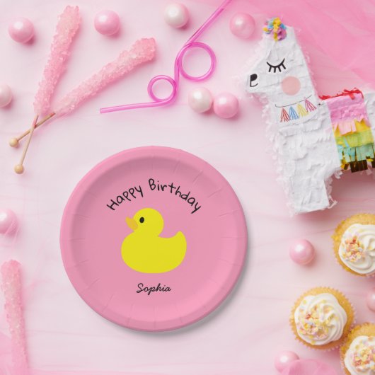 黄色のアヒルのピンクの色の誕生日おめでとう ペーパープレート (パーティー)