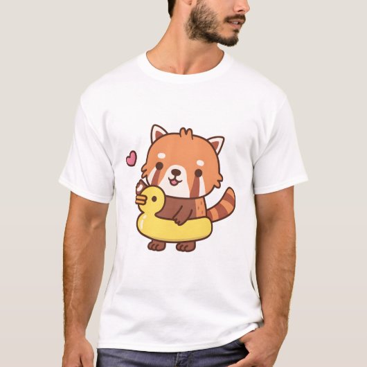 黄色のアヒルのプールが浮かぶ可愛い赤いパンダ Tシャツ (正面)