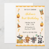 黄色のイラスト風 1歳の誕生日 招待状 (正面/裏面)