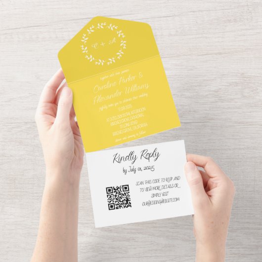 黄色のエレガントスクリプモダントRSVP QRコード オールインワン招待状 (貼ってはがせる)