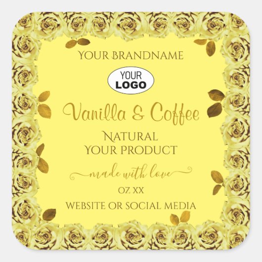 黄色のエレガント製品ラベルFloweringバラのロゴ スクエアシール (正面)