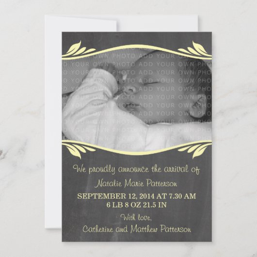 黄色のエレガント黒板ベビー発表 案内状 (正面)
