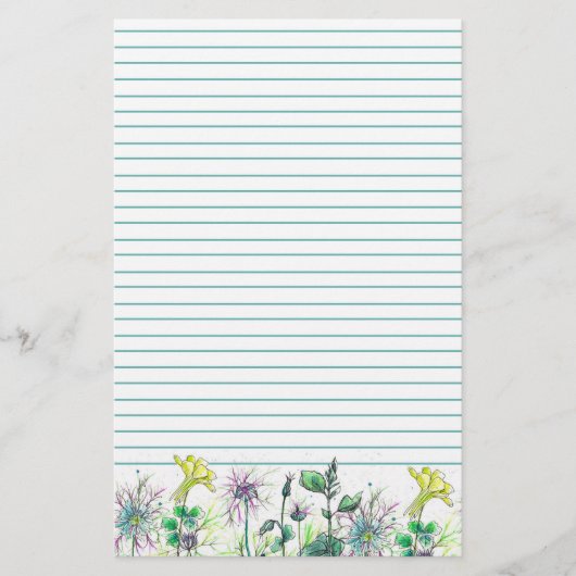 黄色のオダマキ（植物）水彩ワイルドフラワーが並ぶ 便箋 (正面)