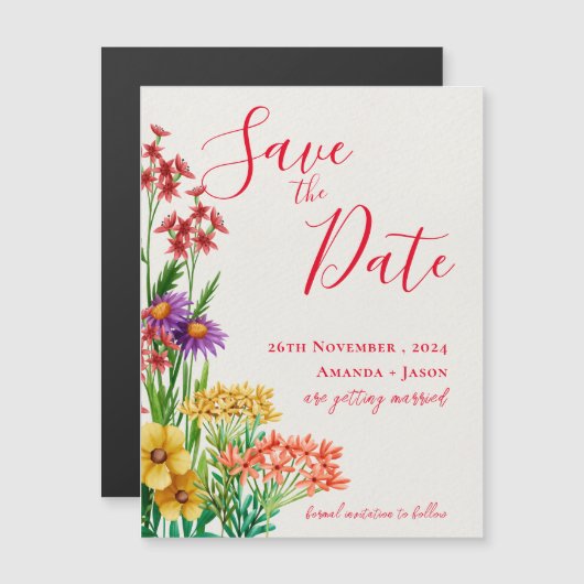 黄色のオレンジ色の野生の花の結婚式の日付を保存 (正面/裏面)