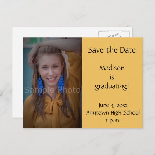 黄色のカスタム写真の卒業式の日付カードを保存 案内ポストカード (正面/裏面)