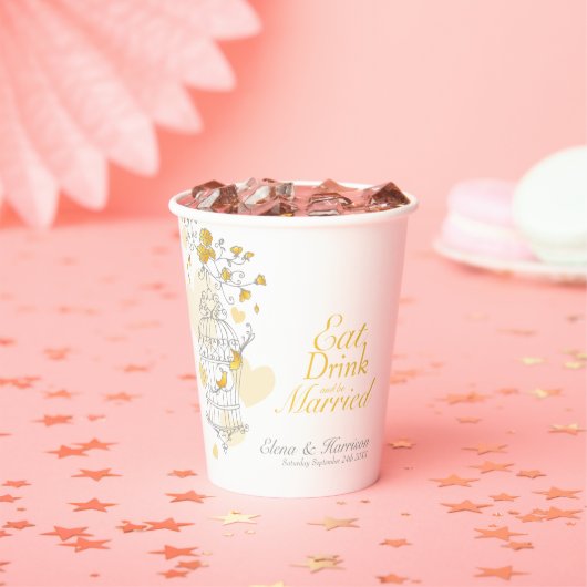 黄色のカバエ結婚の名前をカスタムする灰色の白 紙コップ (インサイチュ)