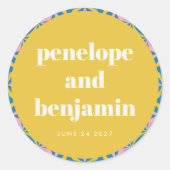 黄色のカラフルジオメトリックカスタム結婚式の名前 ラウンドシール (正面)