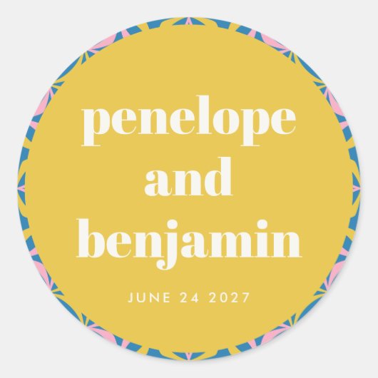 黄色のカラフルジオメトリックカスタム結婚式の名前 ラウンドシール (正面)