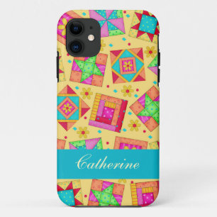 黄色のカラフルパッチワークキルトブロックカスタム iPhone 11 ケース