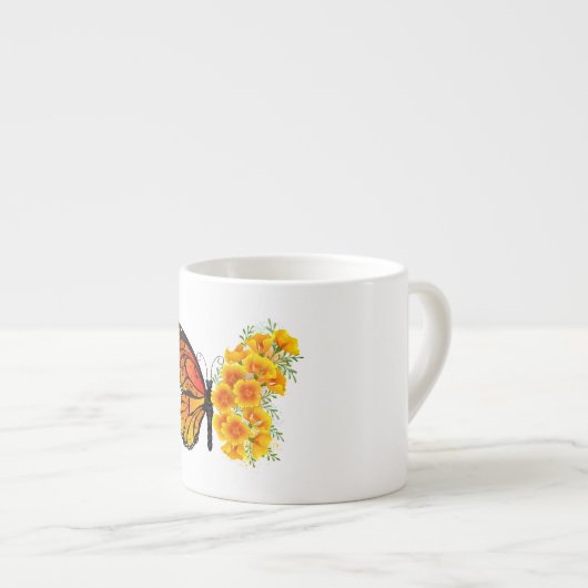 黄色のカリフォルニアポピーを持つ花蝶 エスプレッソカップ (正面右)