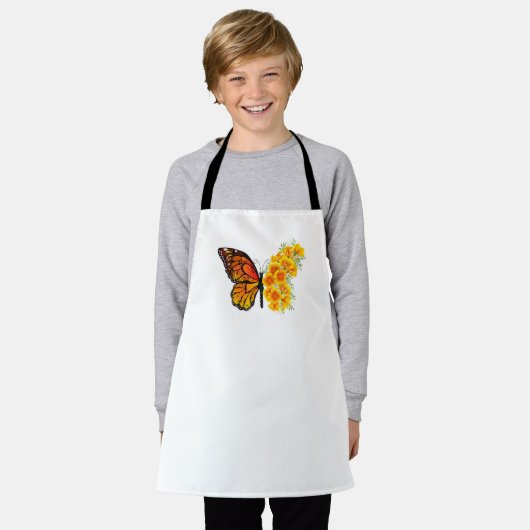 黄色のカリフォルニアポピーを持つ花蝶 エプロン (着用した状態)