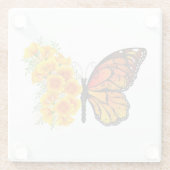 黄色のカリフォルニアポピーを持つ花蝶 ガラスコースター (裏面)