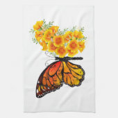 黄色のカリフォルニアポピーを持つ花蝶 キッチンタオル (縦)