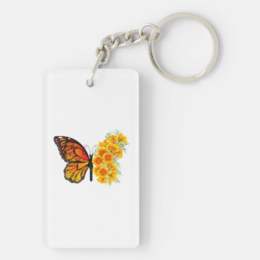 黄色のカリフォルニアポピーを持つ花蝶 キーホルダー (裏面)