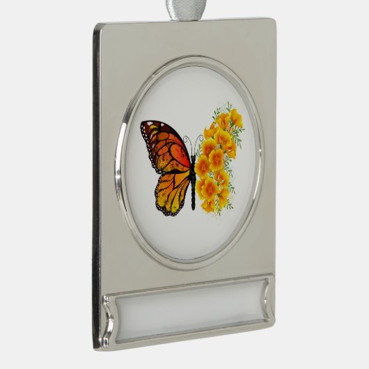 黄色のカリフォルニアポピーを持つ花蝶 シルバープレートバナーオーナメント (右)