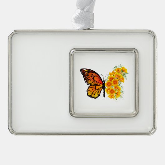 黄色のカリフォルニアポピーを持つ花蝶 シルバープレートフレームオーナメント (正面)