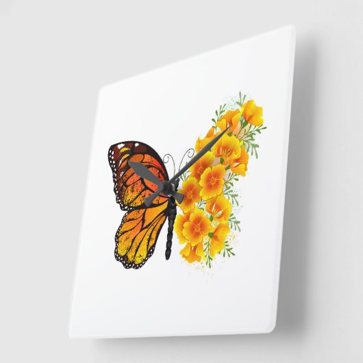 黄色のカリフォルニアポピーを持つ花蝶 スクエア壁時計 (傾斜)