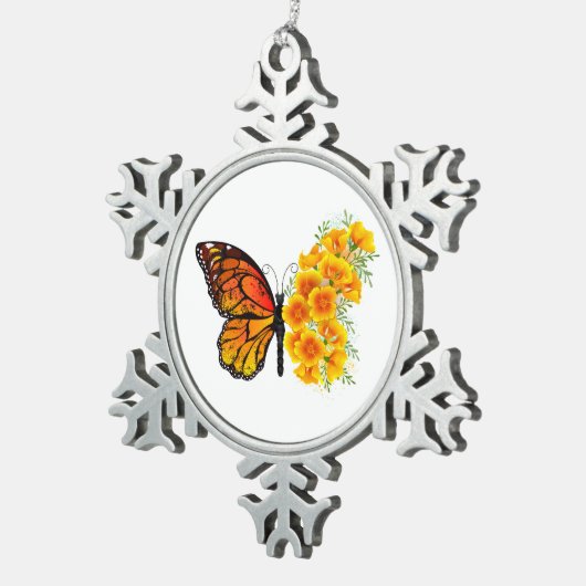 黄色のカリフォルニアポピーを持つ花蝶 スノーフレークピューターオーナメント (右)