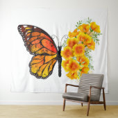 黄色のカリフォルニアポピーを持つ花蝶 タペストリー (インサイチュ(横))