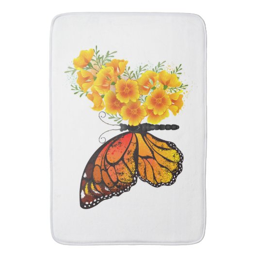 黄色のカリフォルニアポピーを持つ花蝶 バスマット (正面縦)