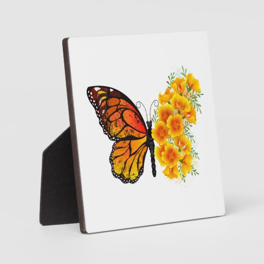 黄色のカリフォルニアポピーを持つ花蝶 フォトプラーク (正面)