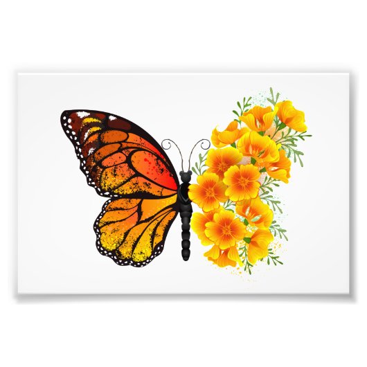 黄色のカリフォルニアポピーを持つ花蝶 フォトプリント            (正面)