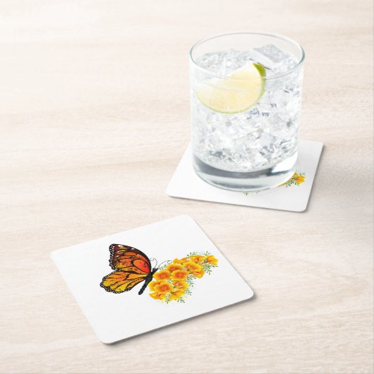 黄色のカリフォルニアポピーを持つ花蝶 ペーパーコースター (インサイチュ)