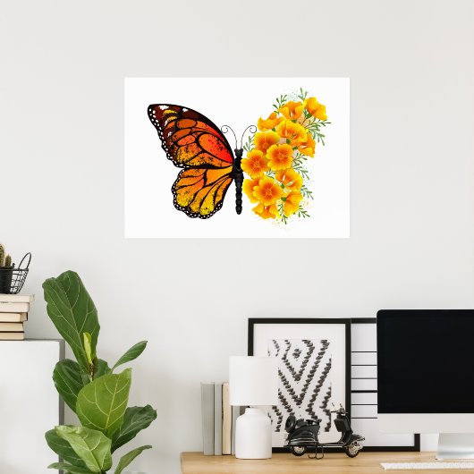 黄色のカリフォルニアポピーを持つ花蝶 ポスター (ホームオフィス)