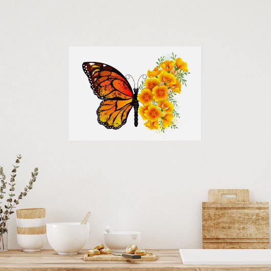 黄色のカリフォルニアポピーを持つ花蝶 ポスター (キッチン)