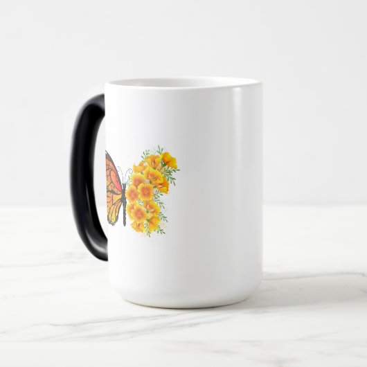 黄色のカリフォルニアポピーを持つ花蝶 モーフィングマグカップ (正面左)
