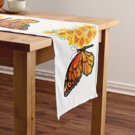 黄色のカリフォルニアポピーを持つ花蝶 ロングテーブルランナー (インサイチュ)