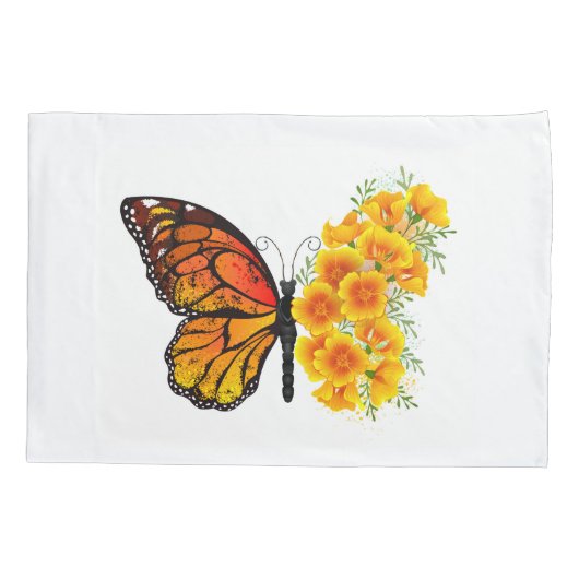 黄色のカリフォルニアポピーを持つ花蝶 枕カバー (裏面)